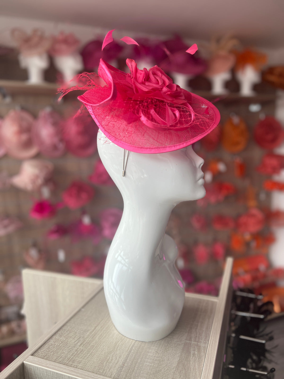 Cerise Disc Fascinator with Fabric Rose &amp; Netting-Fascinators Direct