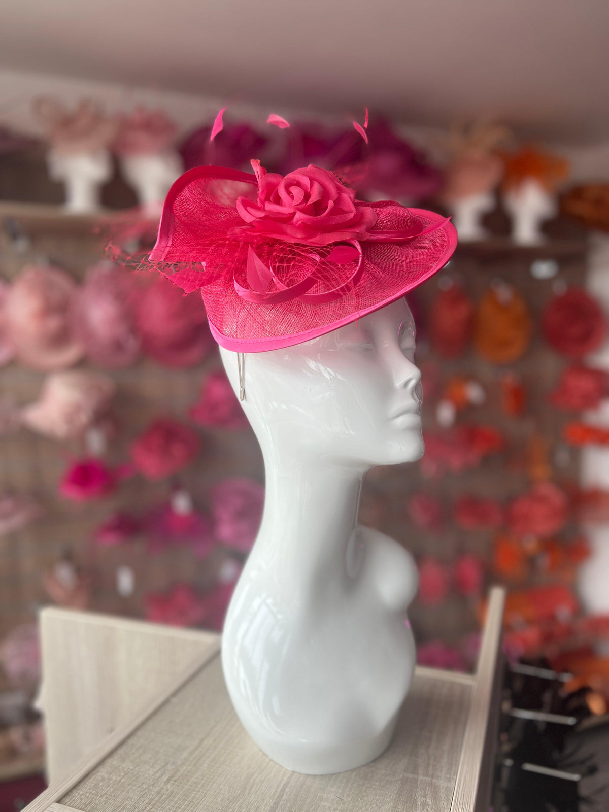 Cerise Disc Fascinator with Fabric Rose &amp; Netting-Fascinators Direct