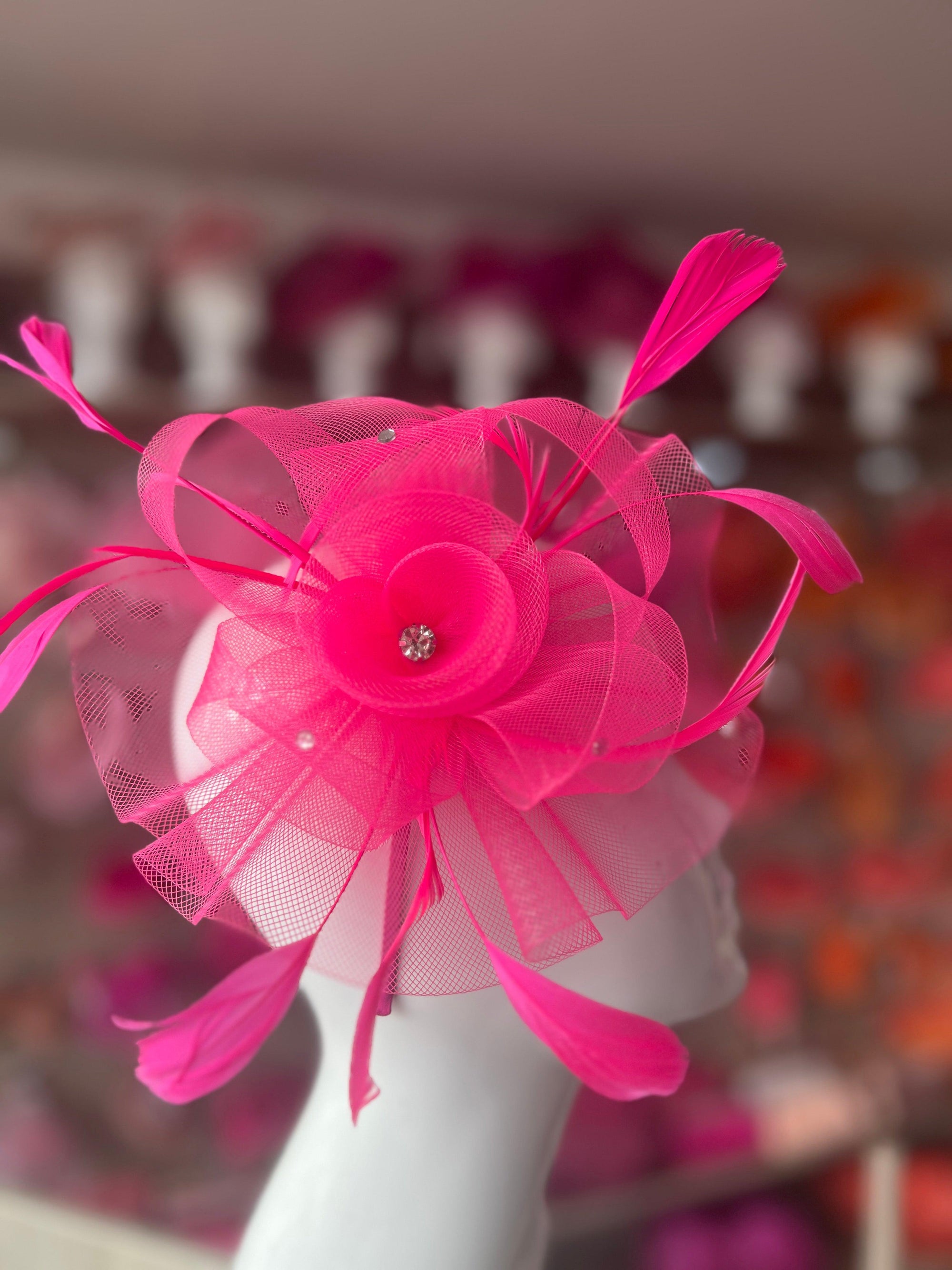 Cerise Pink Diamante Flower Fascinator With Feathers-Fascinators Direct