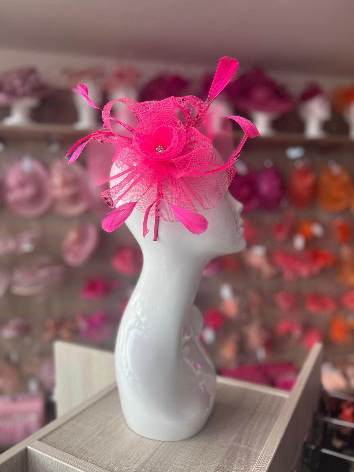 Cerise Pink Diamante Flower Fascinator With Feathers-Fascinators Direct
