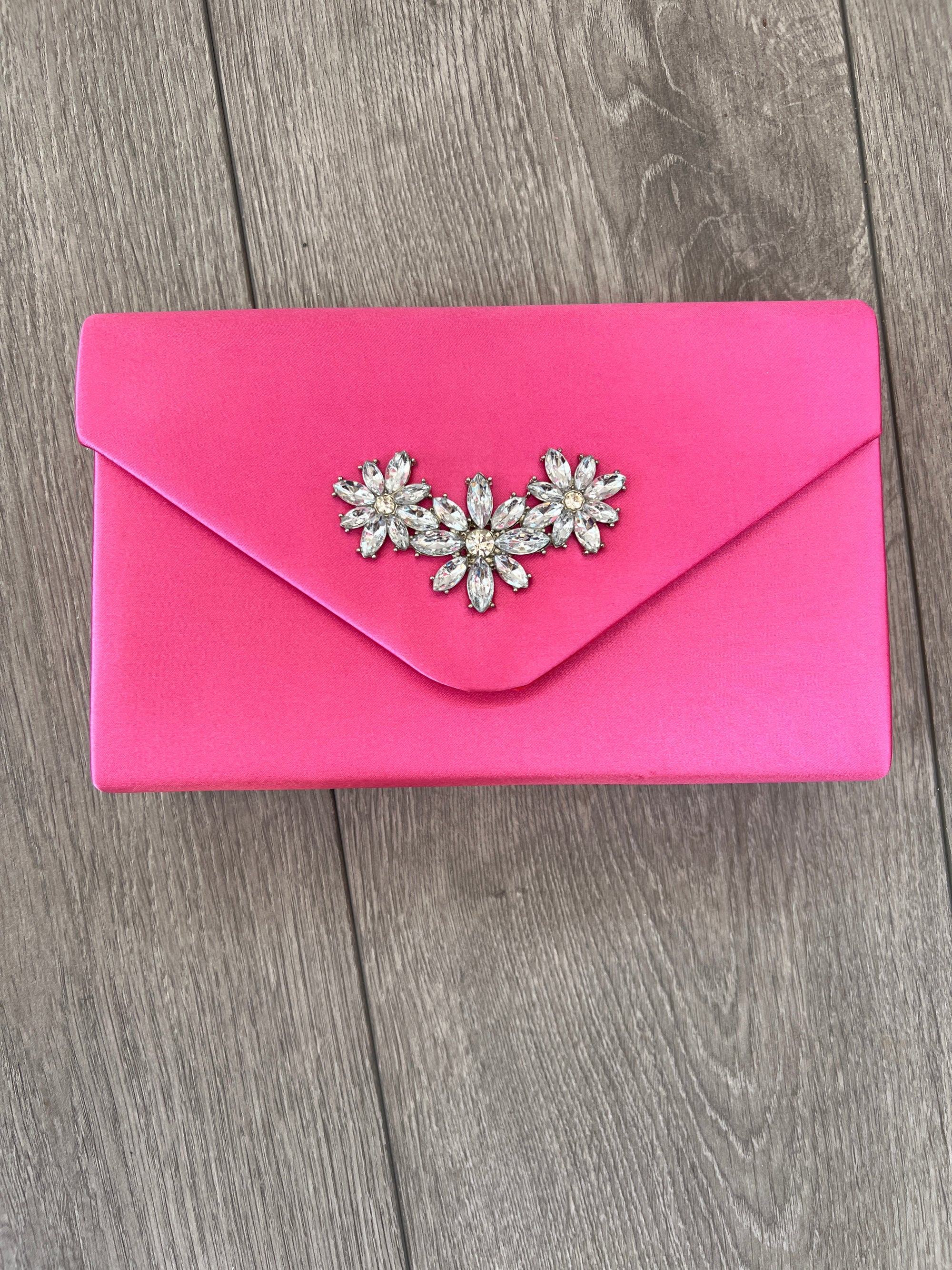 Cerise Pink Envelope Clutch Bag With Diamante Flower Detail-Fascinators Direct