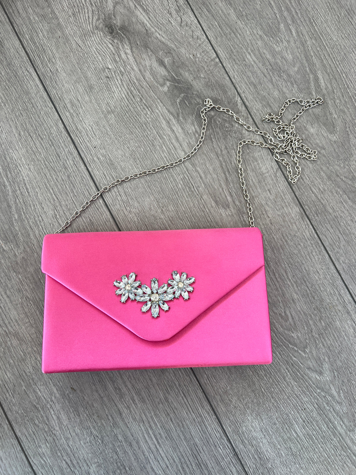 Cerise Pink Envelope Clutch Bag With Diamante Flower Detail-Fascinators Direct