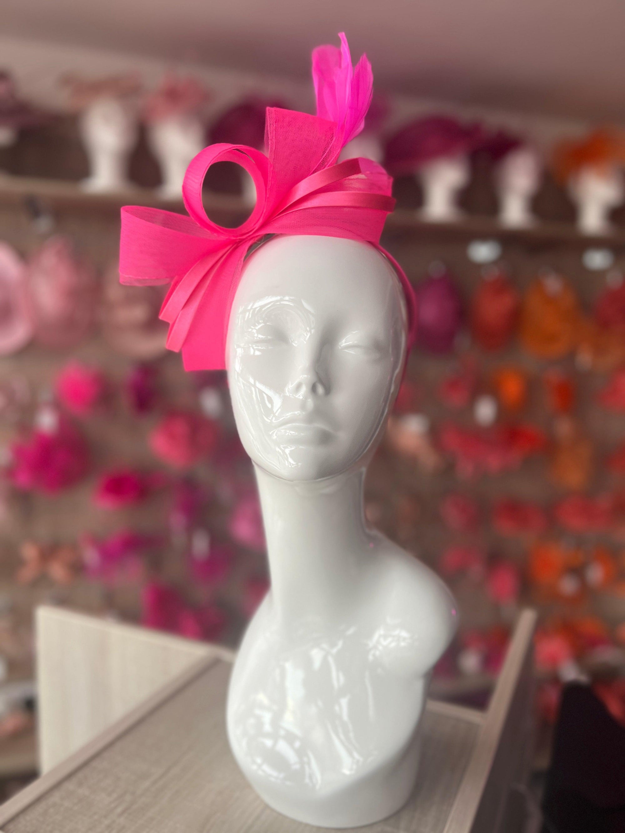 Cerise Pink Large Loop Crinoline & Satin Headband Fascinator-Fascinators Direct