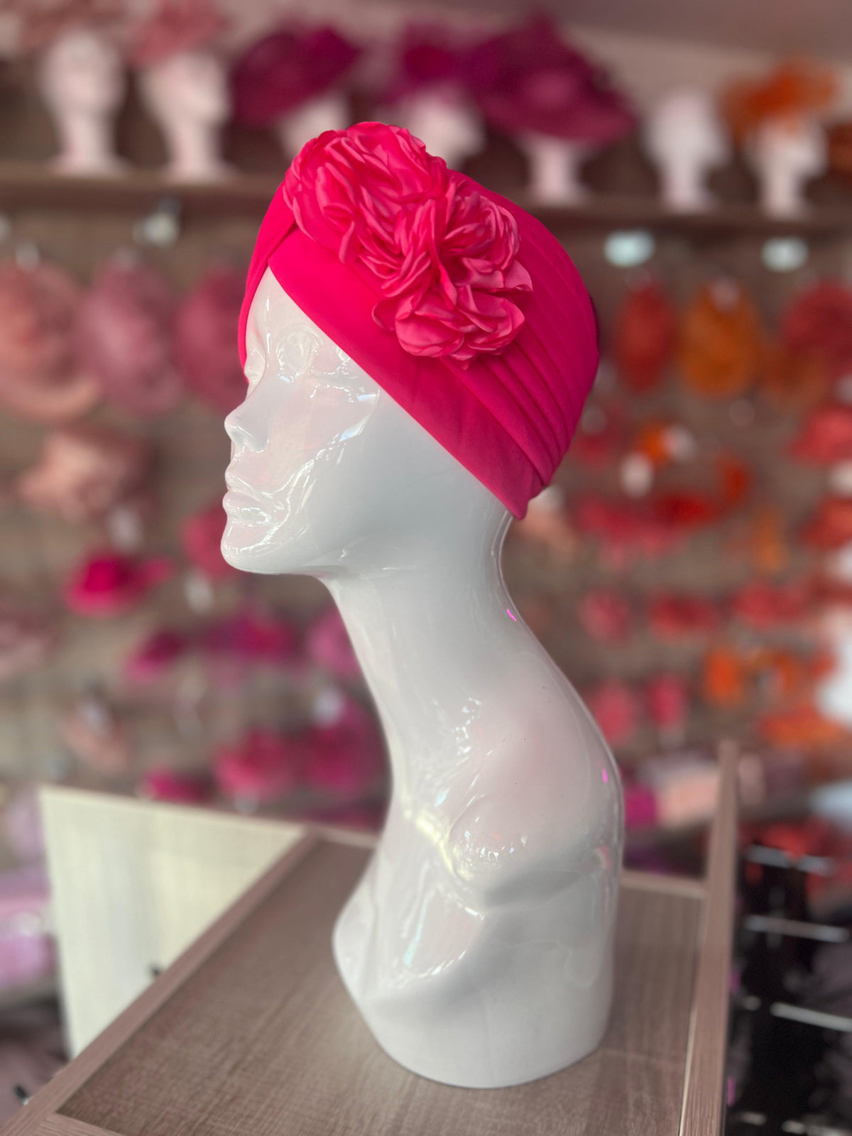 Cerise Pink Vintage Double Flower Turban Hat-Fascinators Direct
