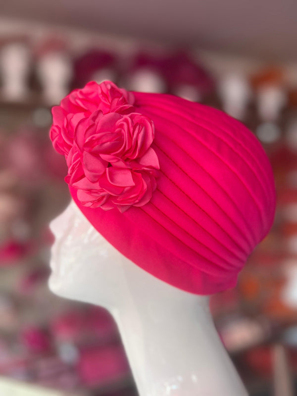 Cerise Pink Vintage Double Flower Turban Hat display picture 1