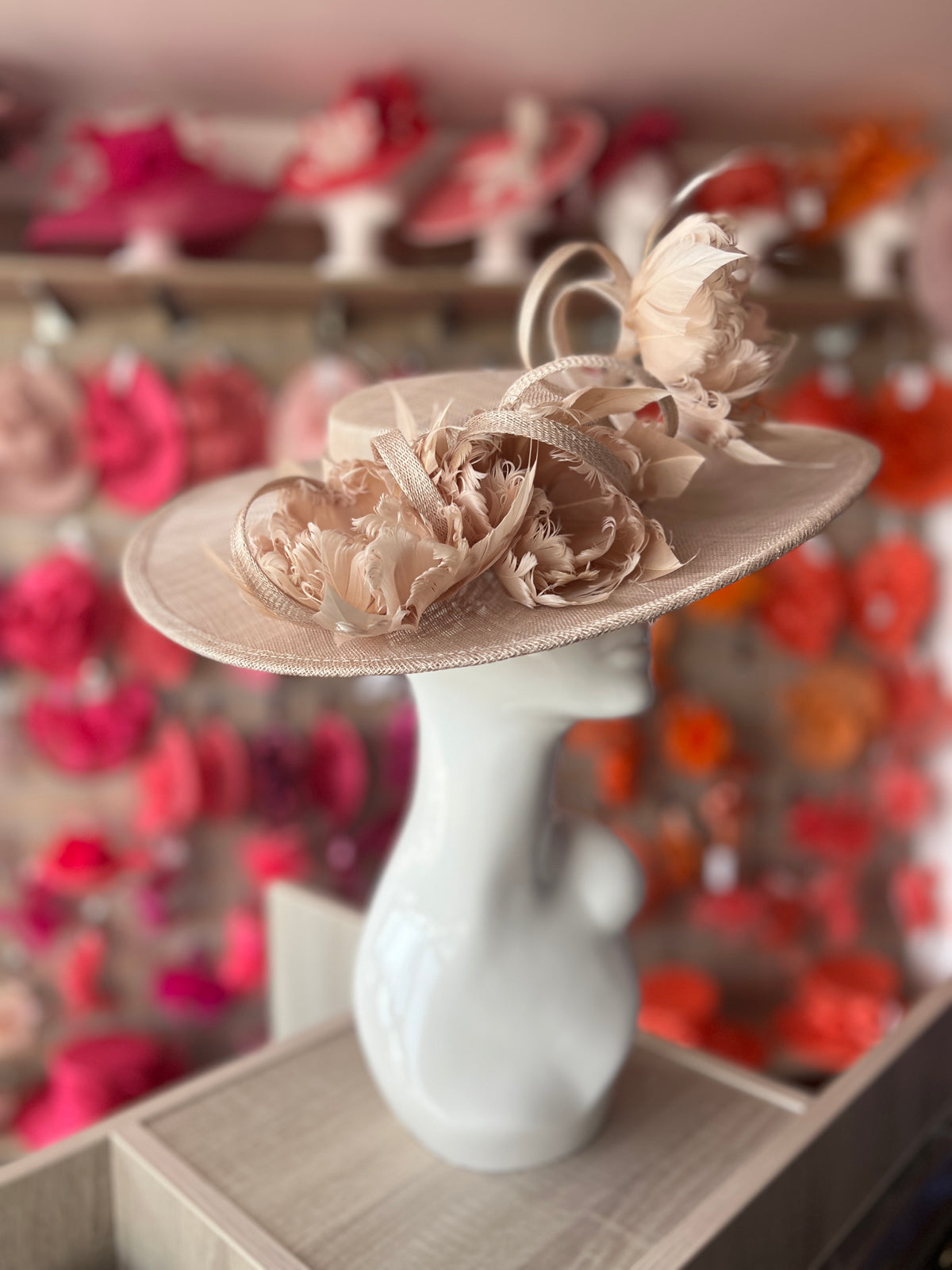 Champagne Boater Style Hat With Goblet Feather Flowers-Fascinators Direct