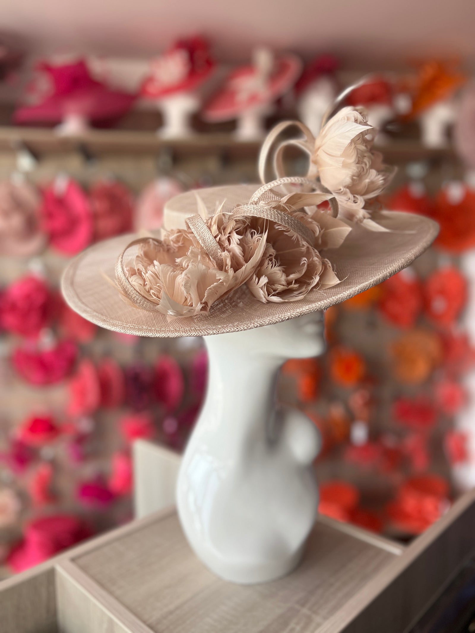 Champagne Boater Style Hat With Goblet Feather Flowers-Fascinators Direct