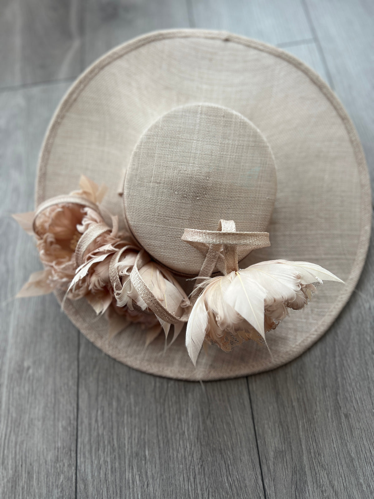 Champagne Boater Style Hat With Goblet Feather Flowers-Fascinators Direct