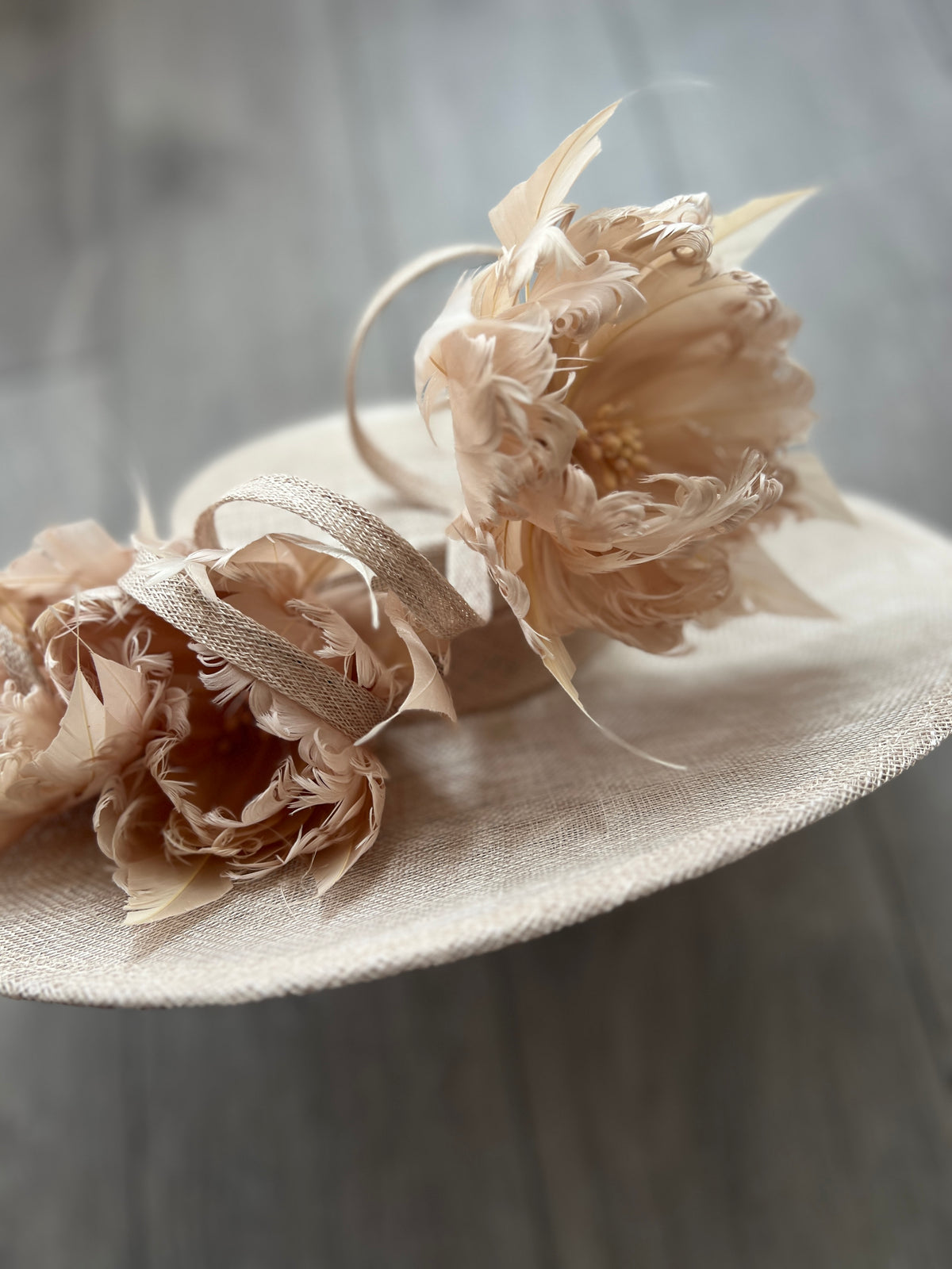 Champagne Boater Style Hat With Goblet Feather Flowers-Fascinators Direct
