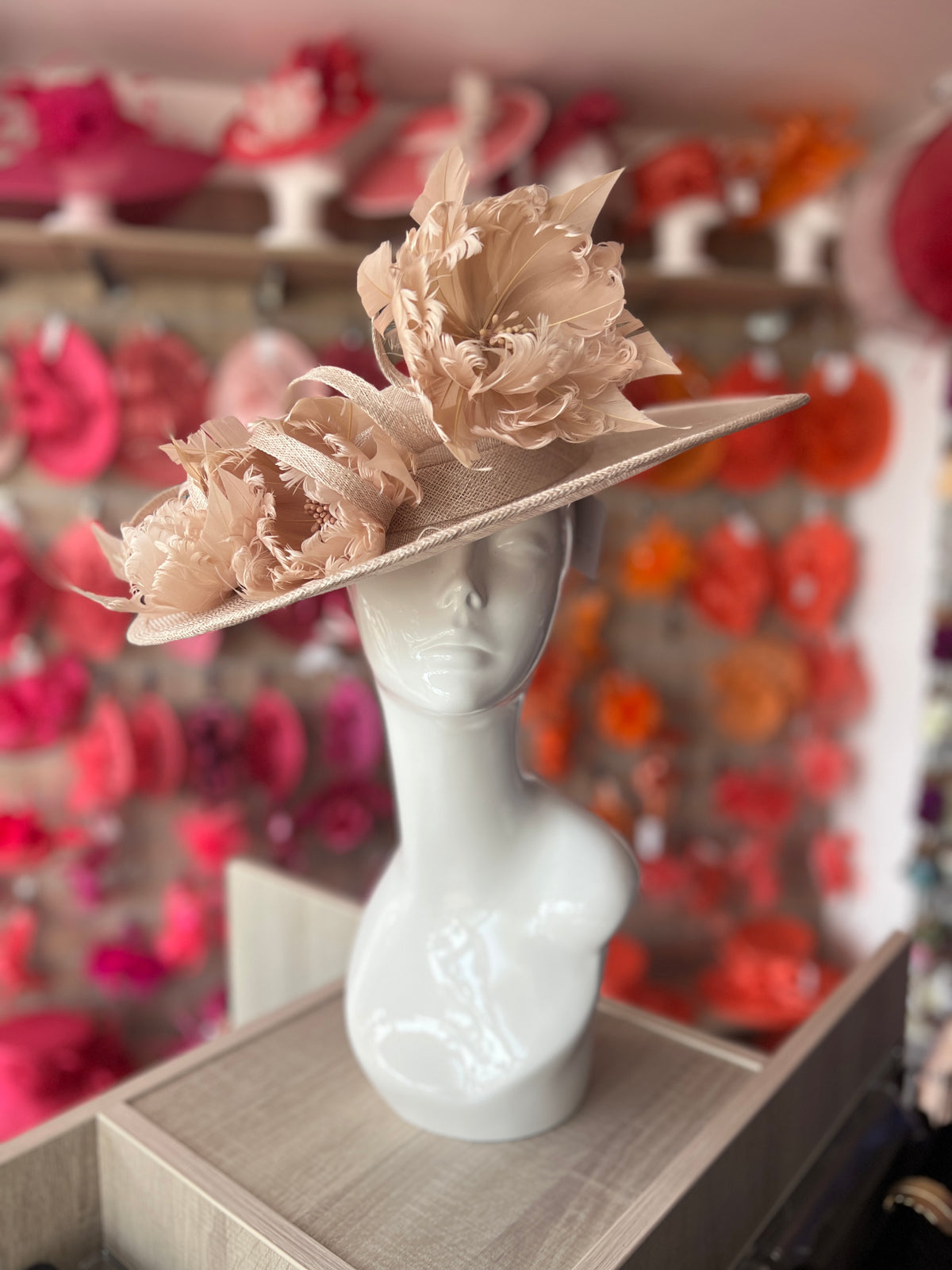 Champagne Boater Style Hat With Goblet Feather Flowers-Fascinators Direct