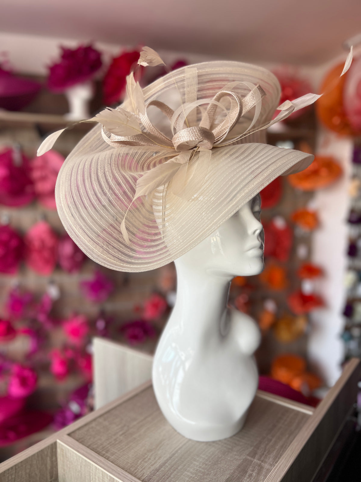 Champagne Crinoline Hatinator with Loops &amp; Feathers-Fascinators Direct