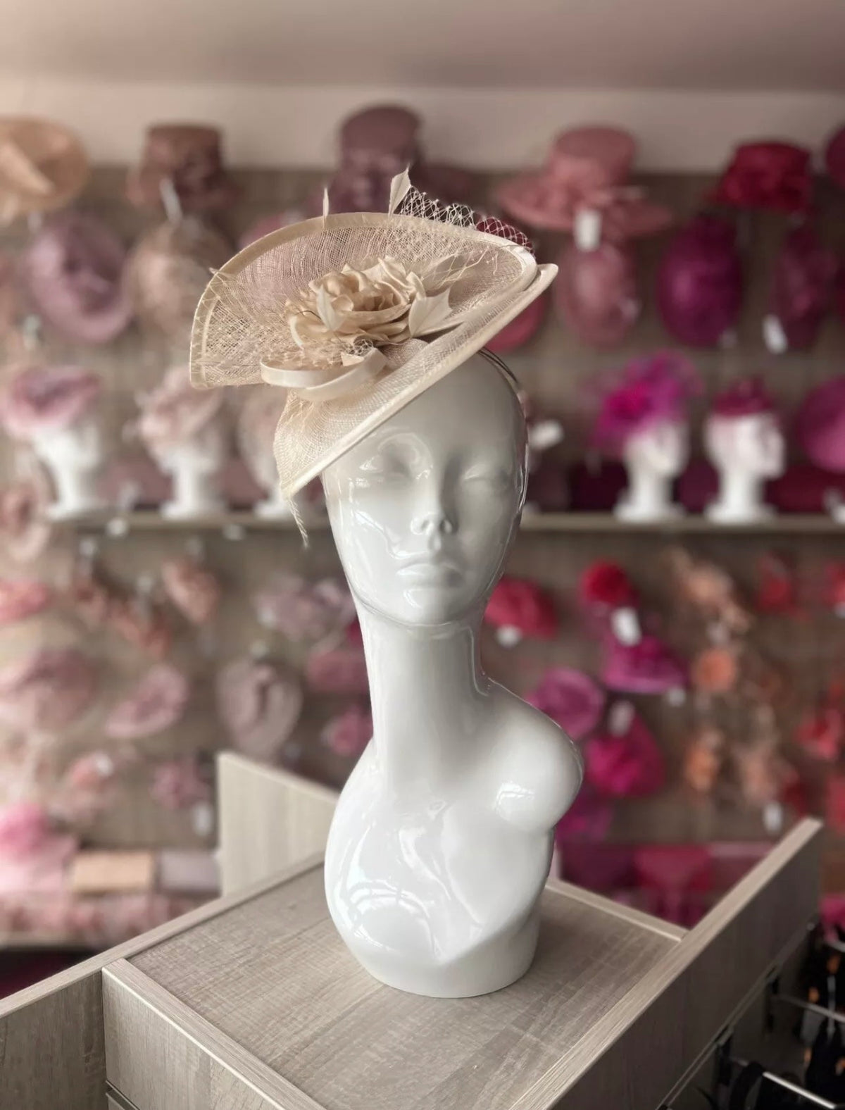 Champagne Disc Fascinator with Fabric Rose &amp; Netting-Fascinators Direct