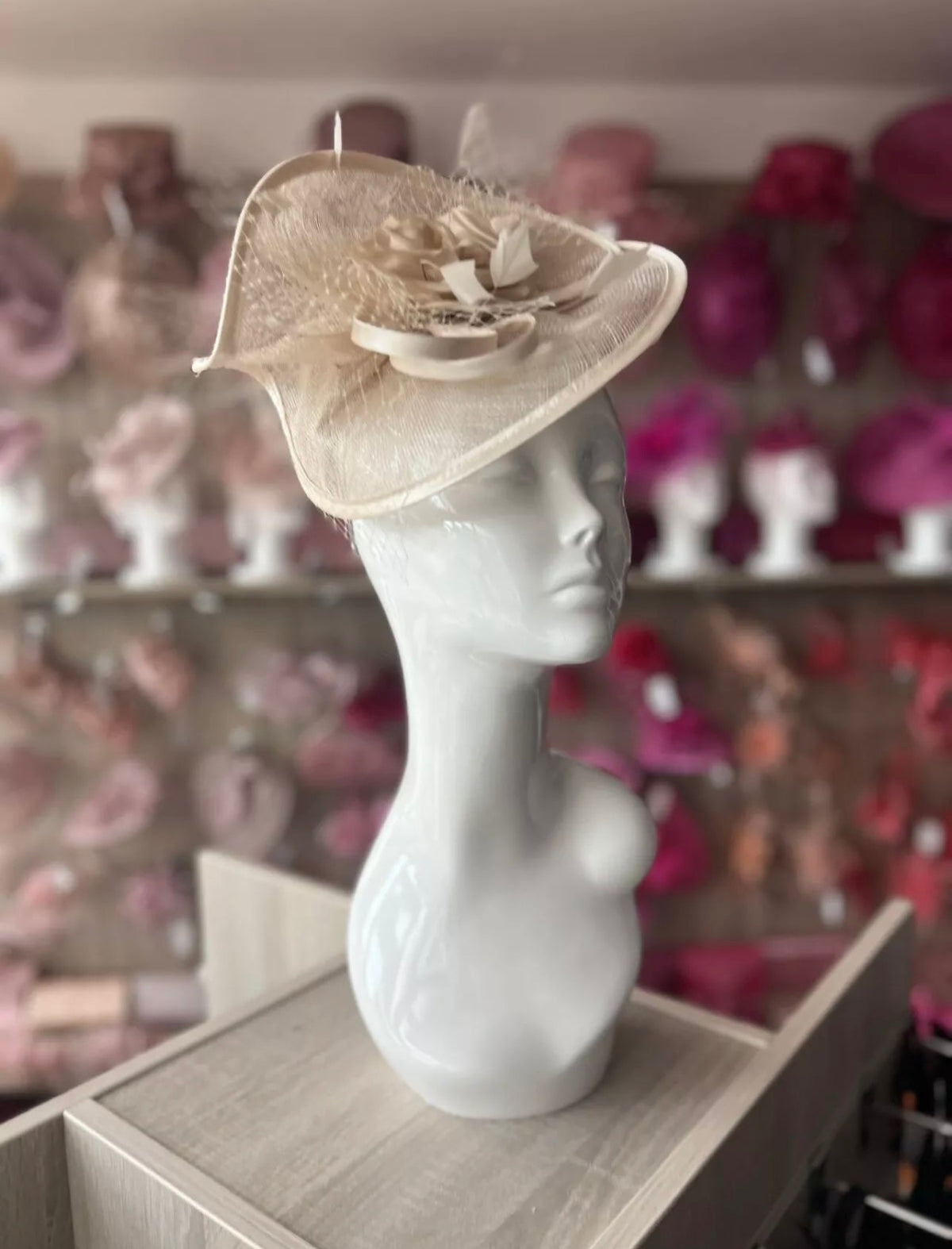 Champagne Disc Fascinator with Fabric Rose &amp; Netting-Fascinators Direct