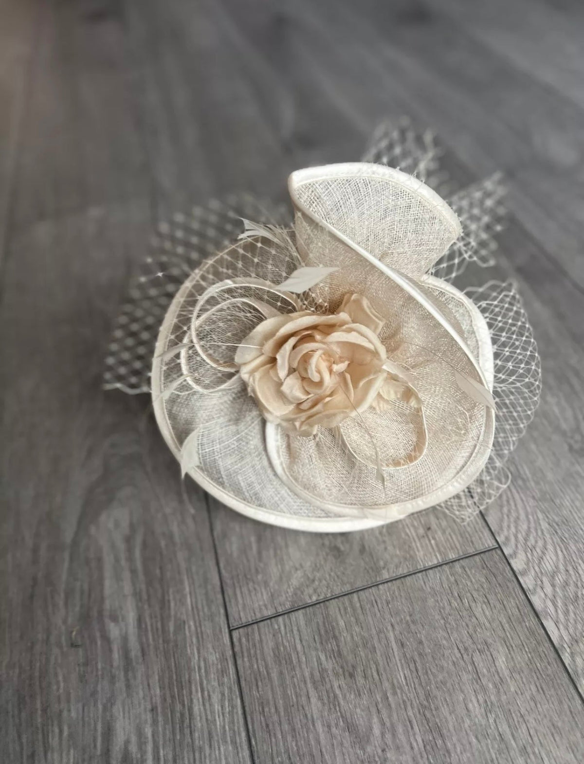 Champagne Disc Fascinator with Fabric Rose &amp; Netting-Fascinators Direct