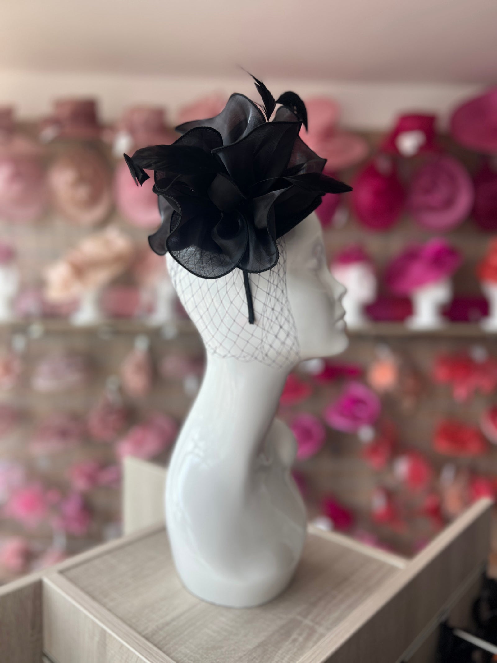 Chiffon Flower Metallic Black Fascinator Headband-Fascinators Direct