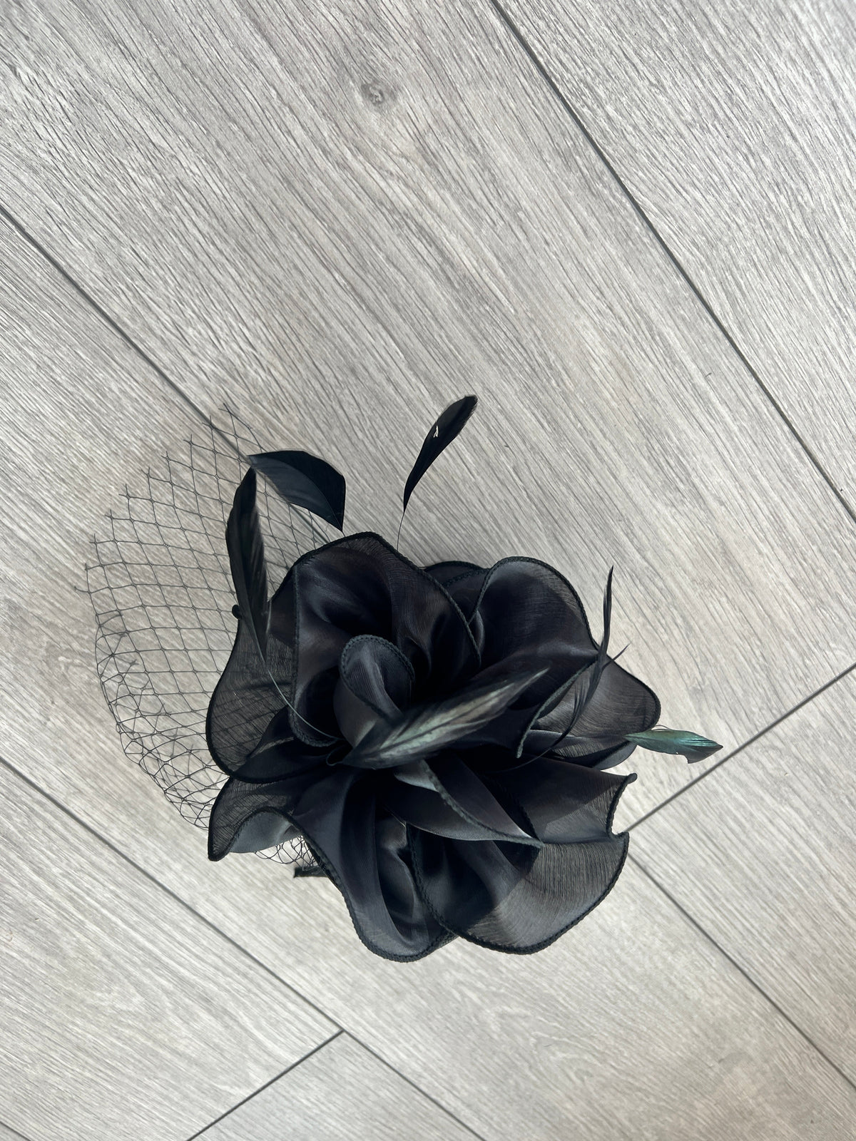 Chiffon Flower Metallic Black Fascinator Headband-Fascinators Direct