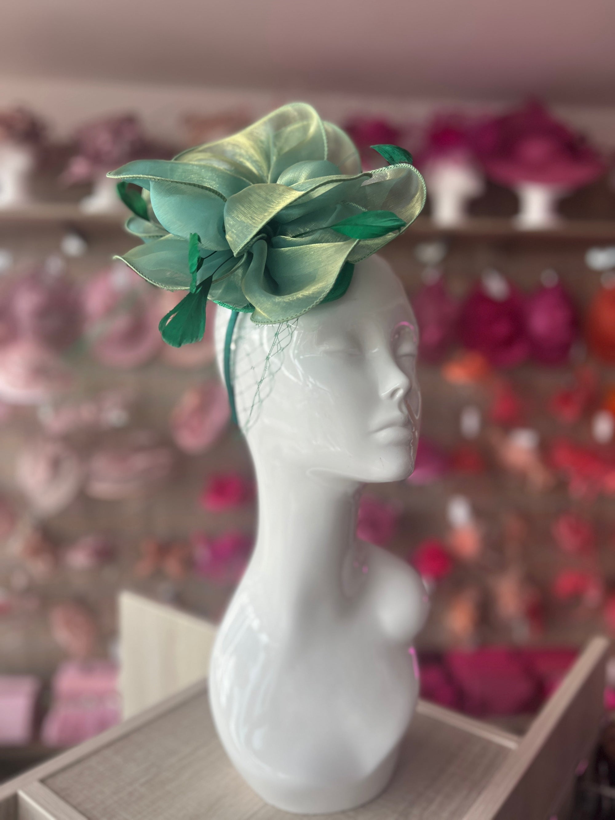 Chiffon Flower Metallic Green Fascinator Headband-Fascinators Direct