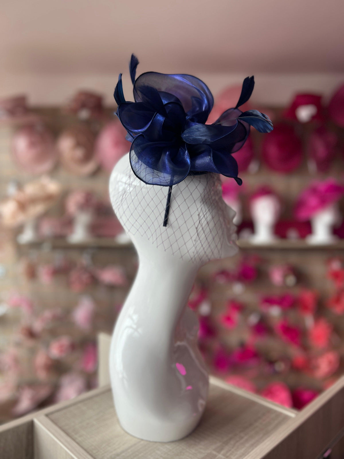 Chiffon Flower Metallic Navy Fascinator Headband-Fascinators Direct