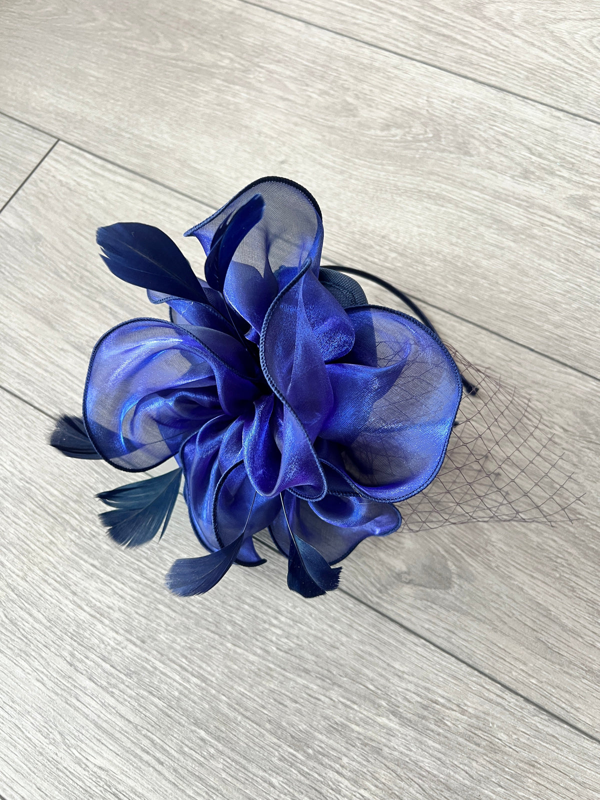 Chiffon Flower Metallic Navy Fascinator Headband-Fascinators Direct