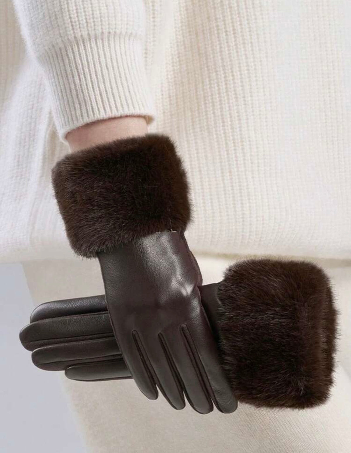 Chocolate Brown Faux Leather Gloves With Fur Trim-Fascinators Direct