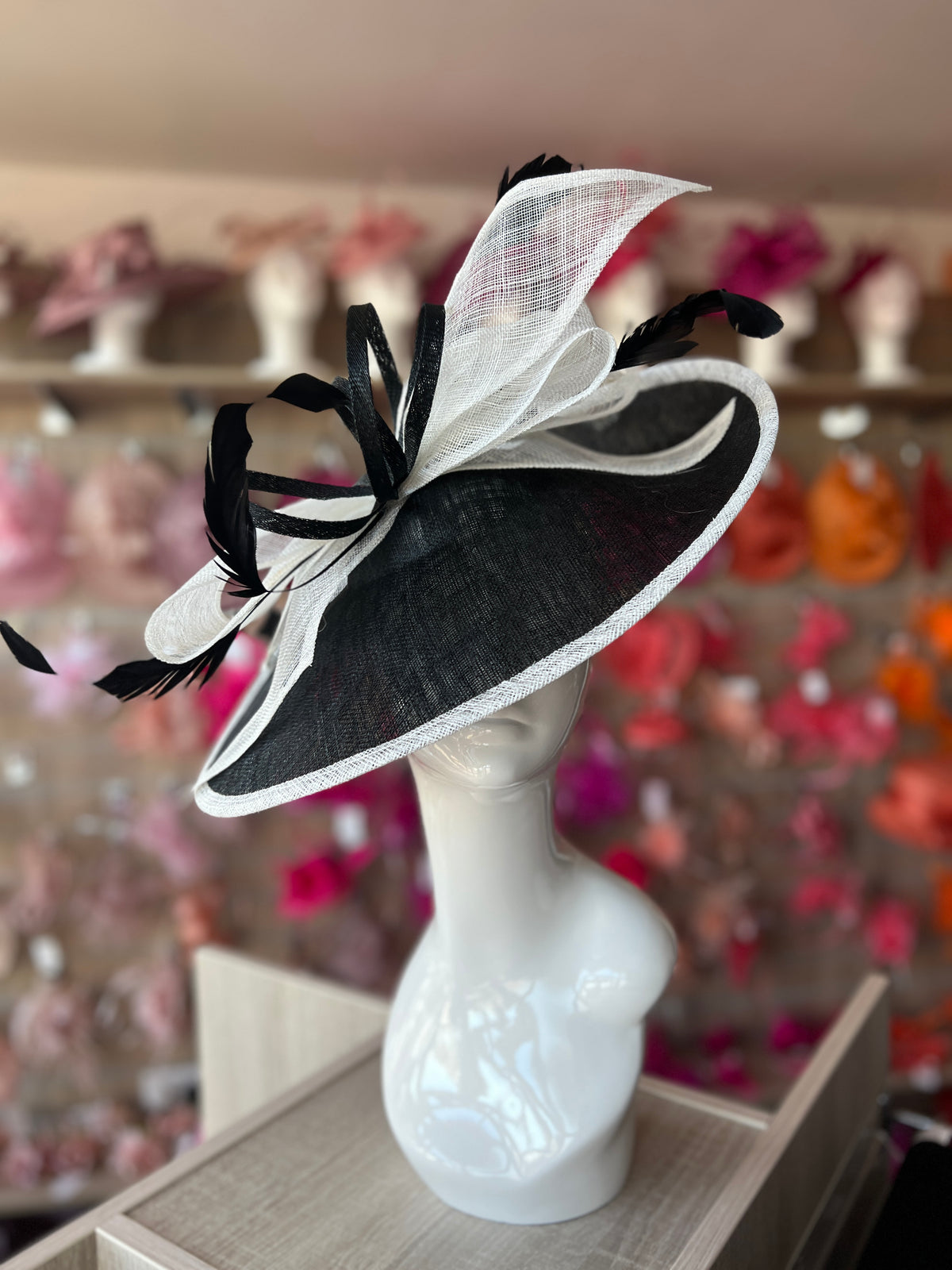 Classic Sinamay Black &amp; Ivory Hatinator with Bow-Fascinators Direct