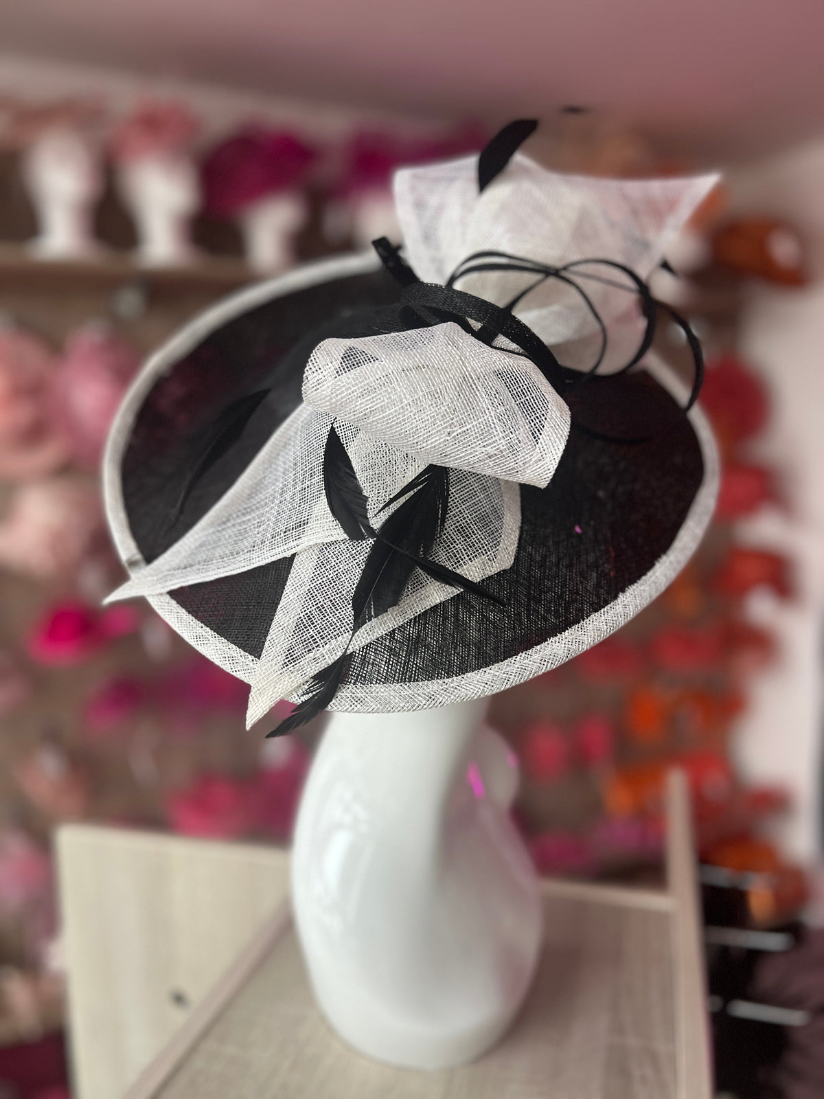 Classic Sinamay Black &amp; White Hatinator with Bow-Fascinators Direct