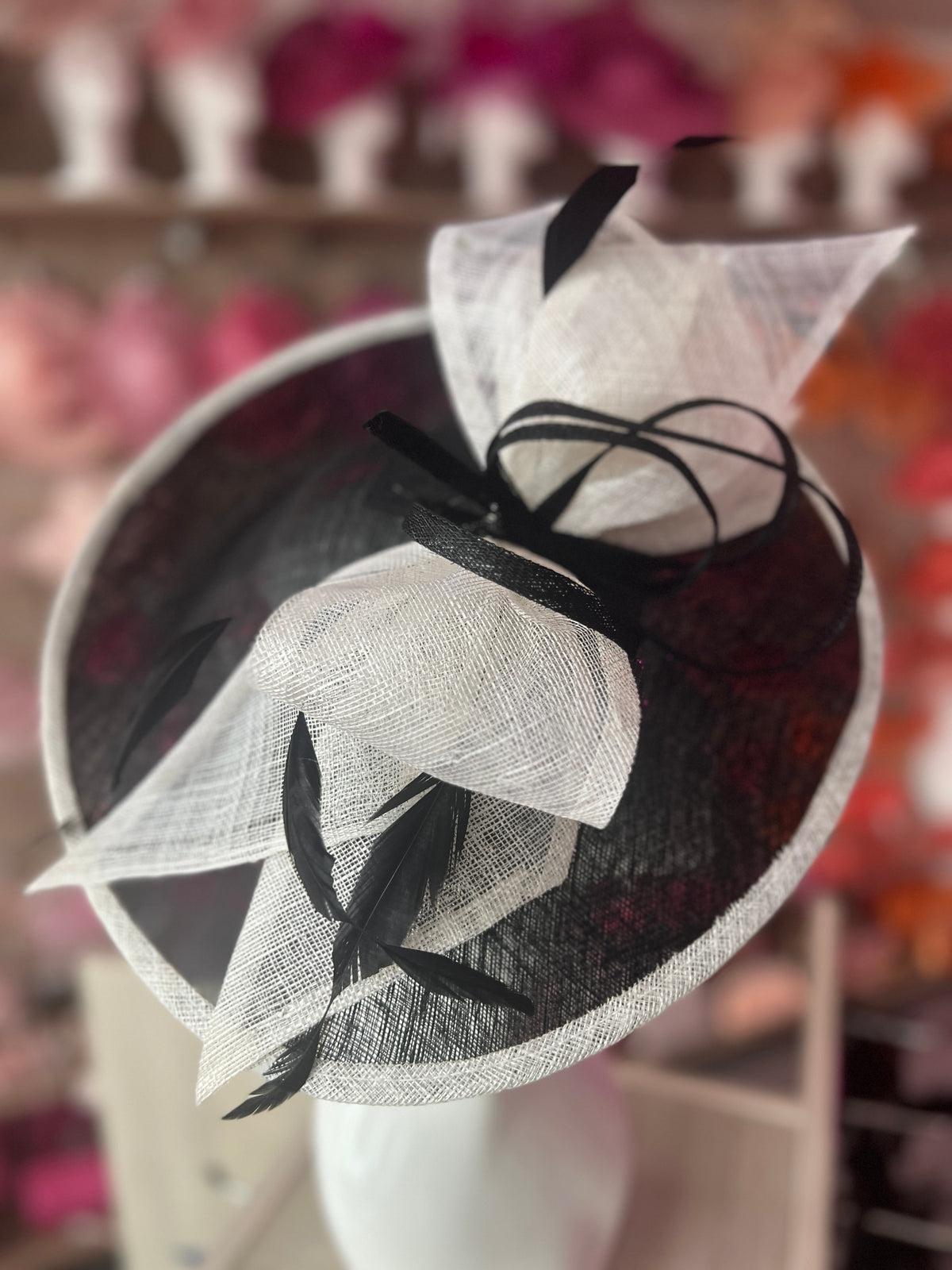 Classic Sinamay Black &amp; White Hatinator with Bow-Fascinators Direct