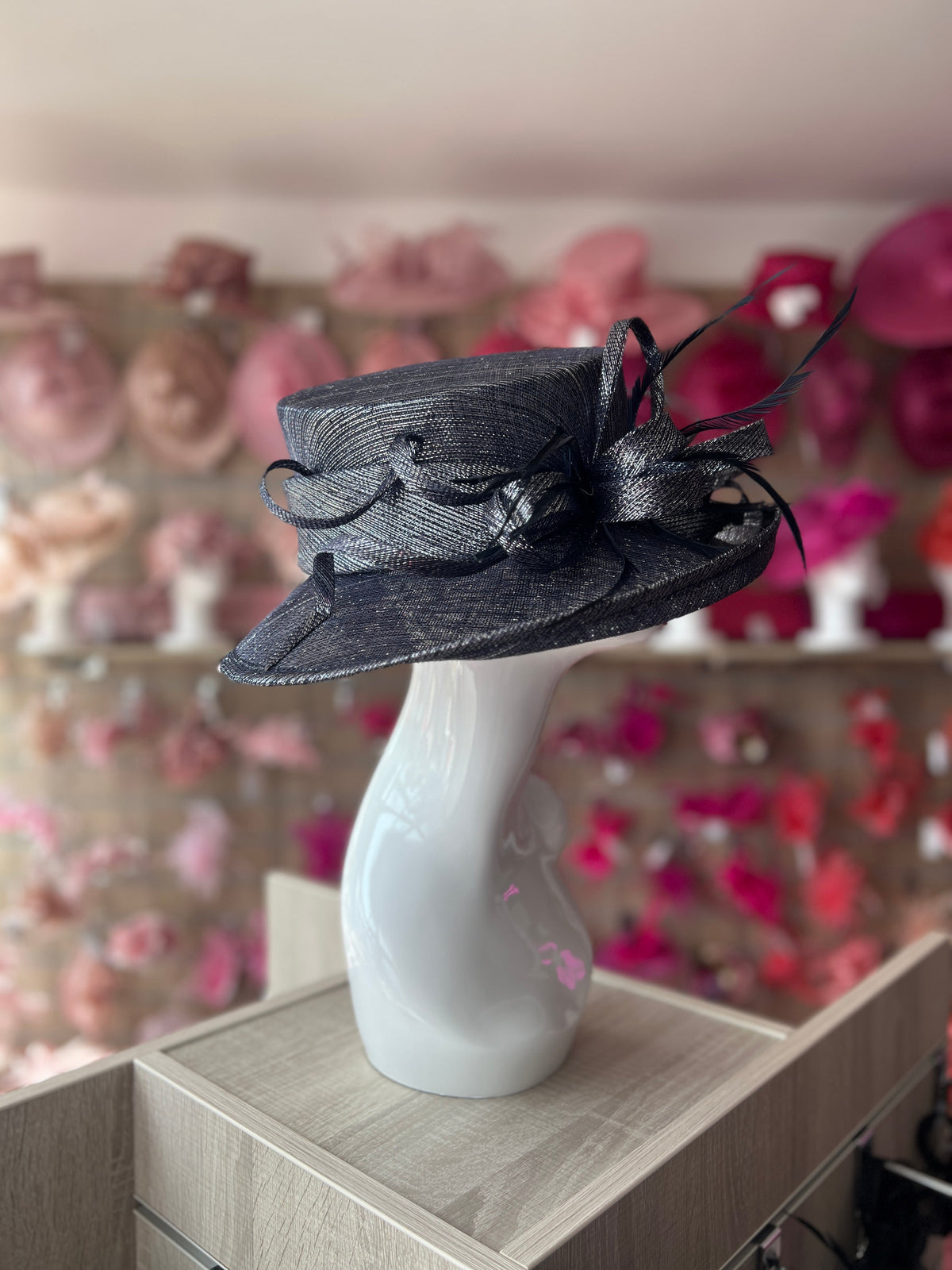 Classic Sinamay Metallic Navy Wedding Hat-Fascinators Direct