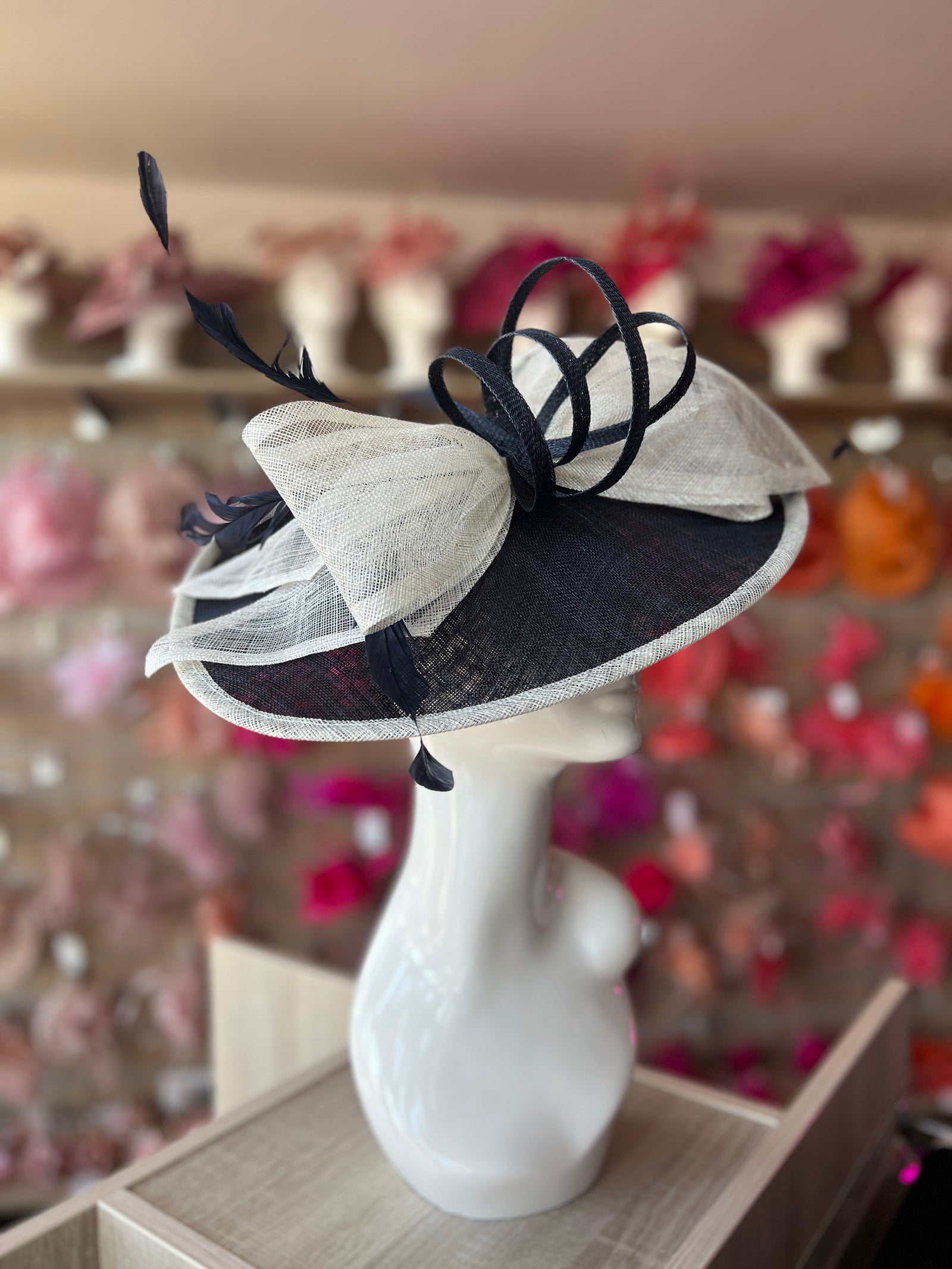 Classic Sinamay Navy & Ivory Hatinator with Bow-Fascinators Direct