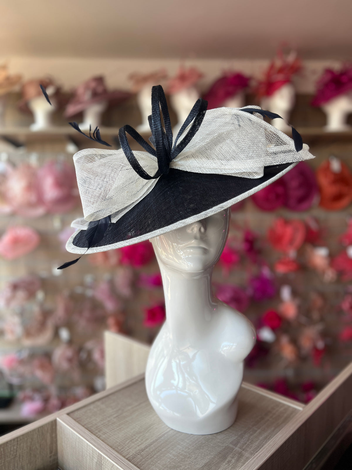 Classic Sinamay Navy &amp; Ivory Hatinator with Bow-Fascinators Direct