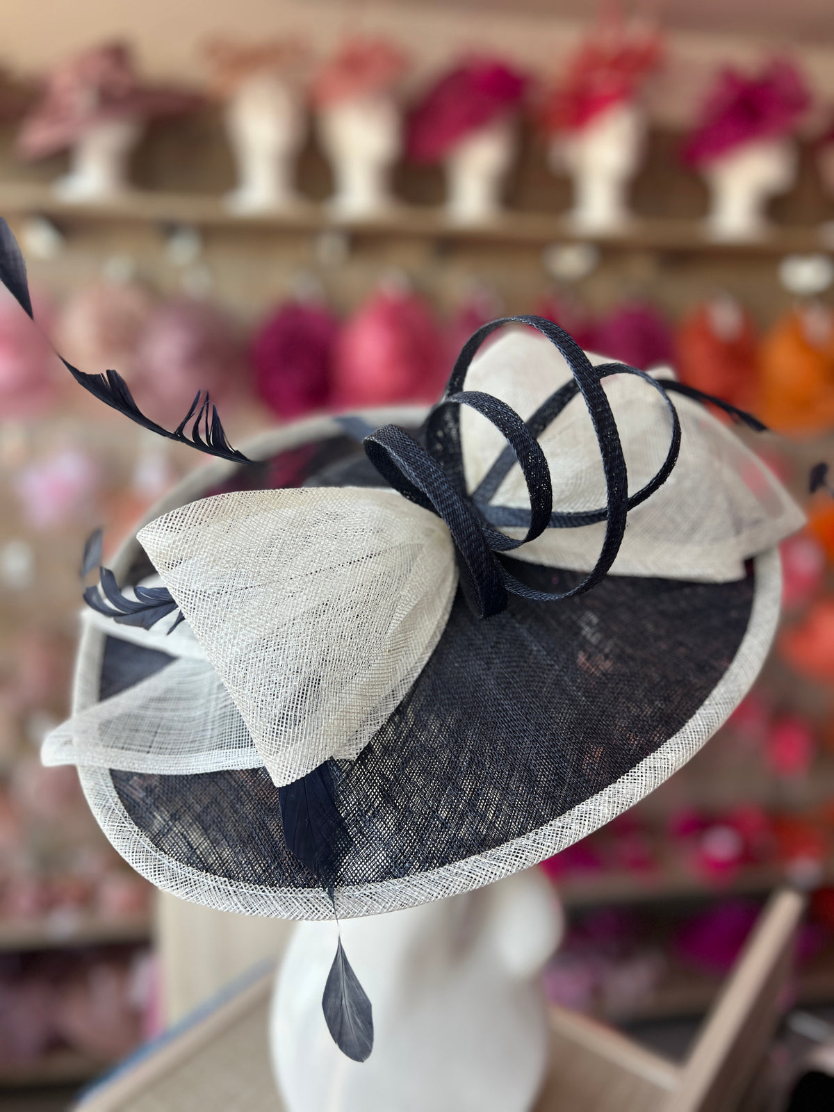 Classic Sinamay Navy &amp; Ivory Hatinator with Bow-Fascinators Direct