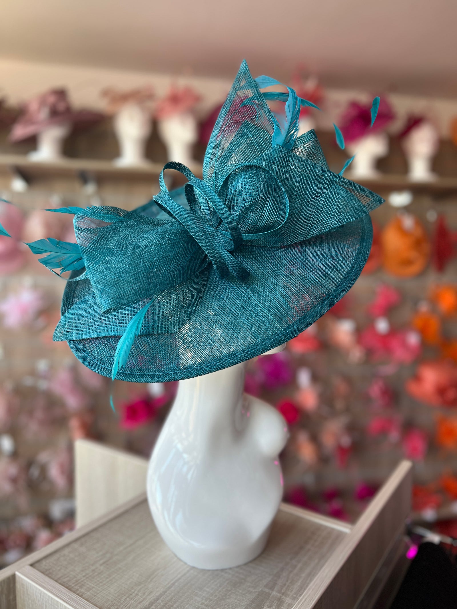 Classic Sinamay Winter Teal Hatinator with Bow-Fascinators Direct