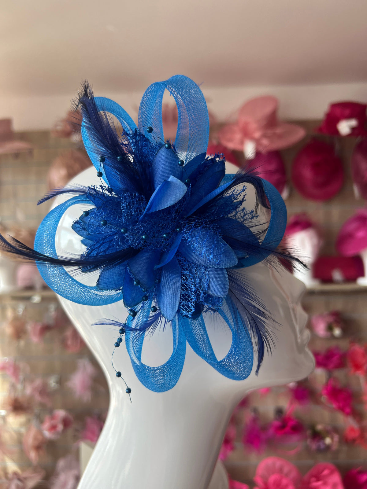 Clip In Blue Hair Fascinator with Flower &amp; Loops-Fascinators Direct