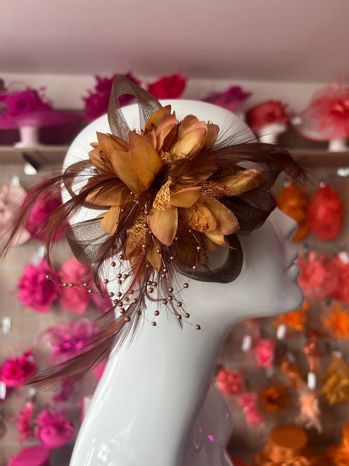 Clip In Brown Hair Fascinator with Flower &amp; Loops-Fascinators Direct