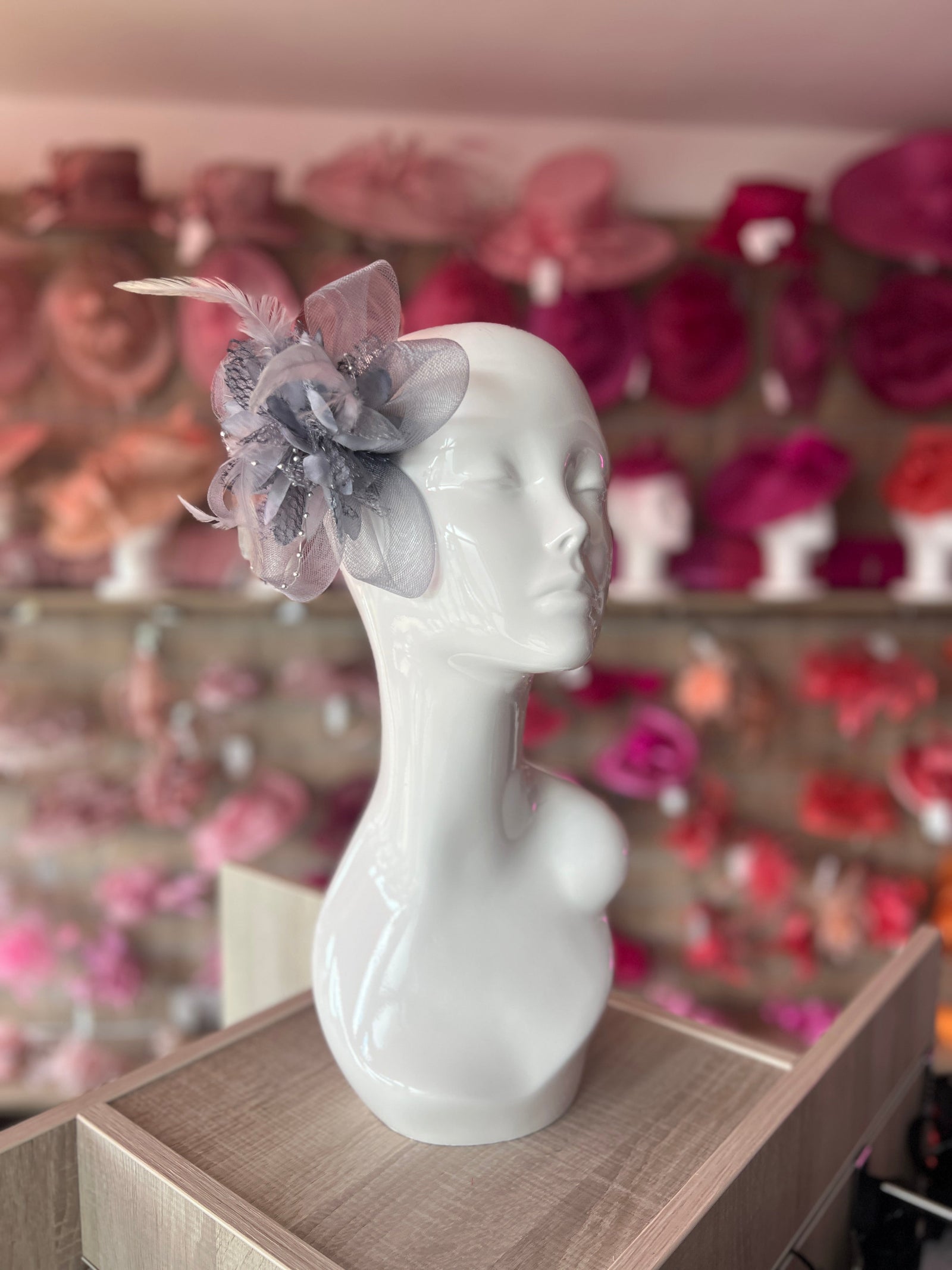 Clip In Grey Hair Fascinator with Flower & Loops-Fascinators Direct