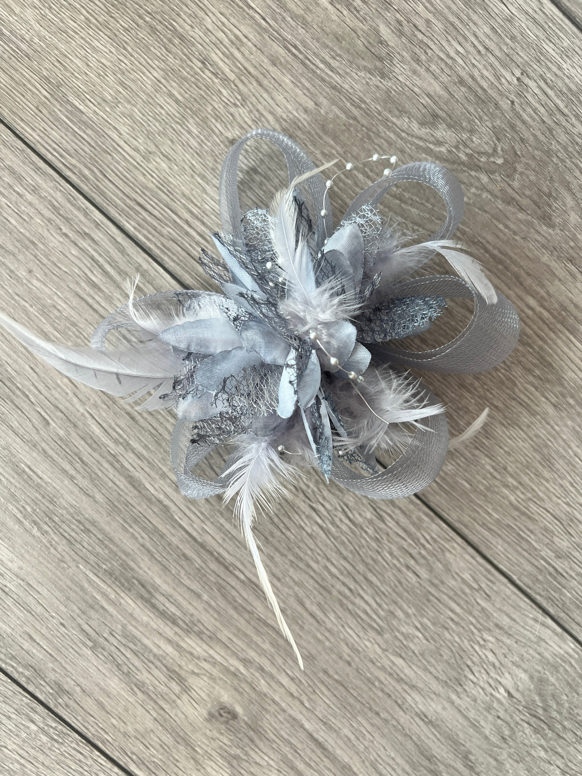 Clip In Grey Hair Fascinator with Flower &amp; Loops-Fascinators Direct