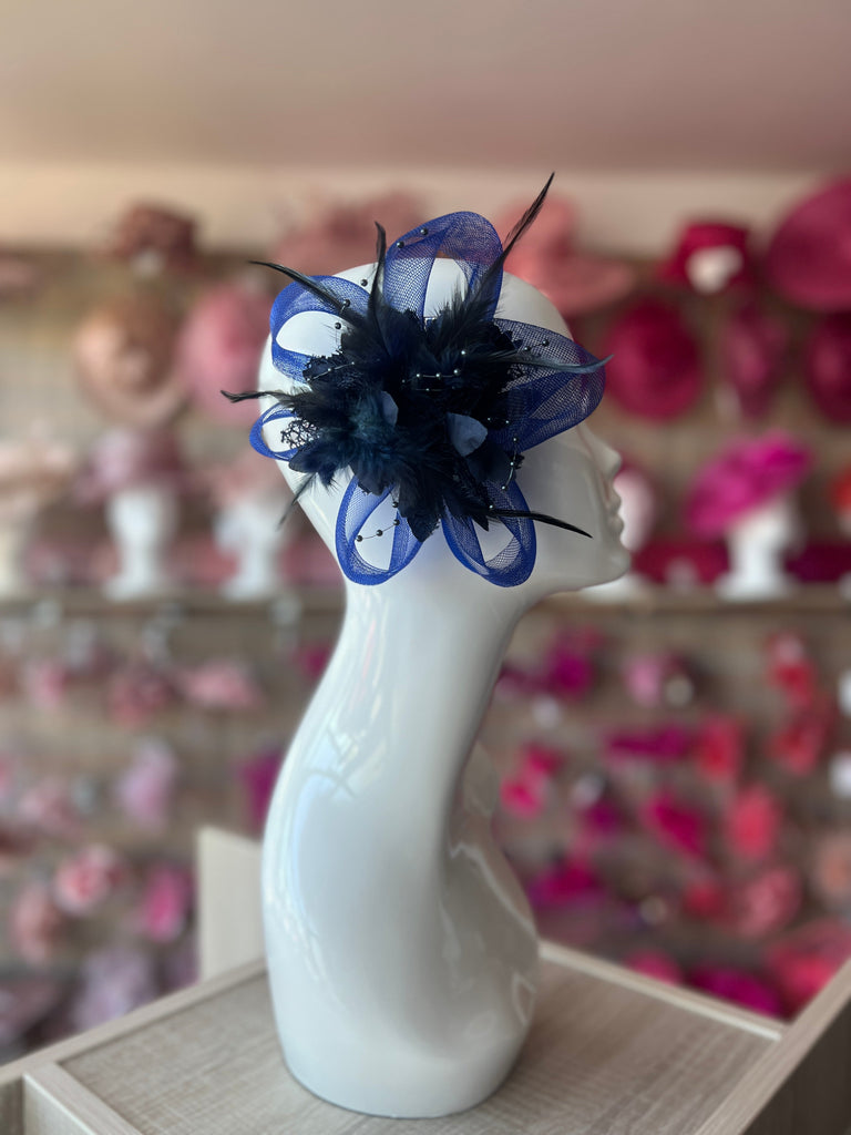 Clip In Navy Hair Fascinator for Weddings with Flower Loops