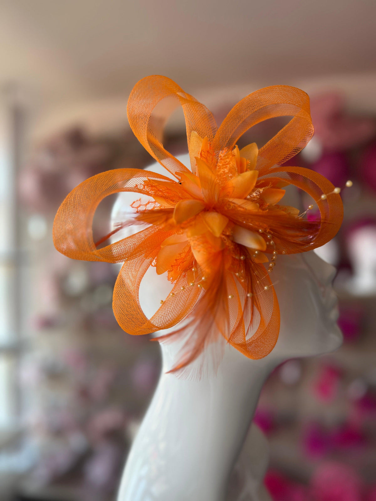 Clip In Orange Hair Fascinator with Flower &amp; Loops-Fascinators Direct