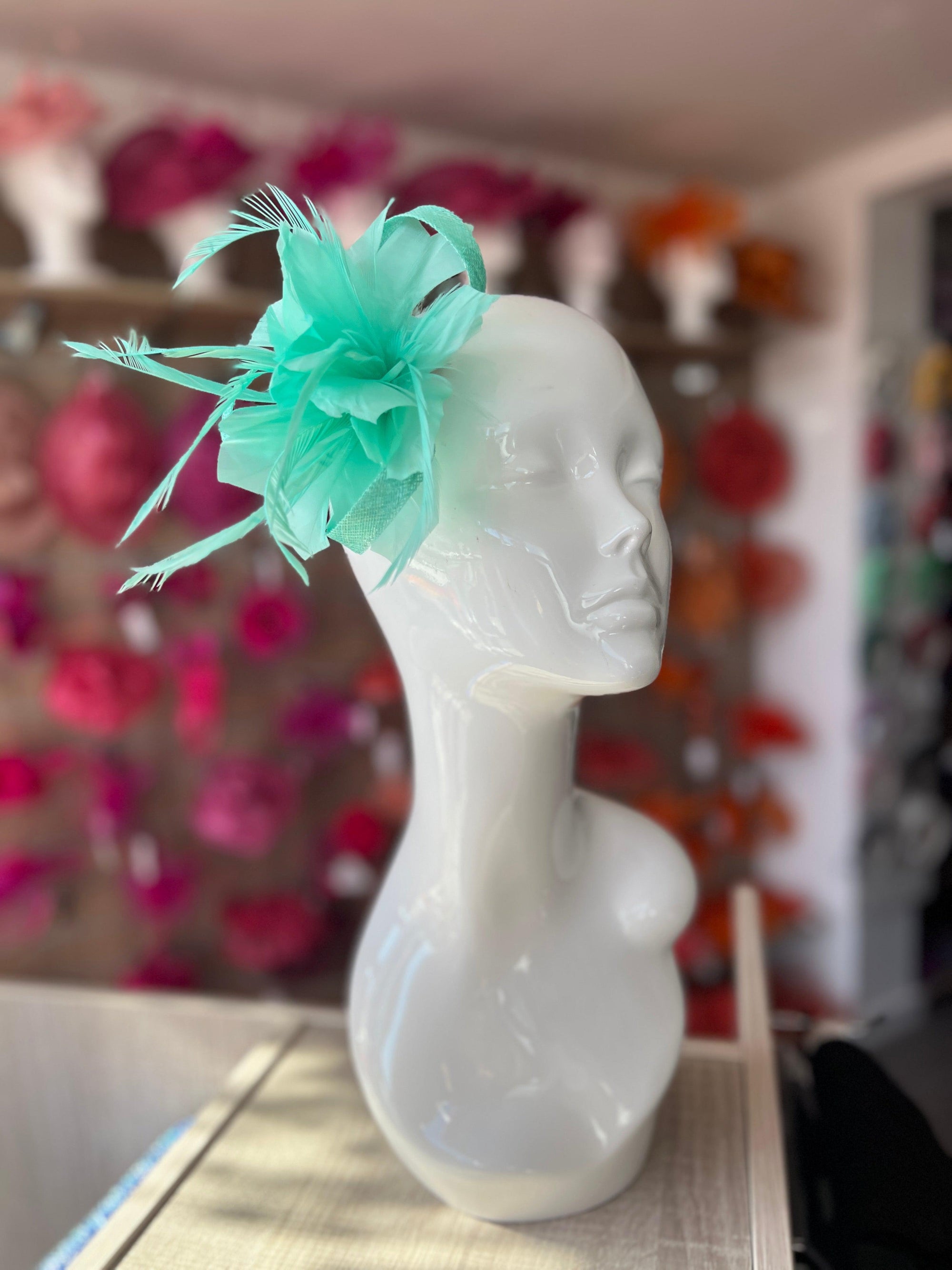 Clip On Aqua Fascinator with Loops & Feather Flower-Fascinators Direct