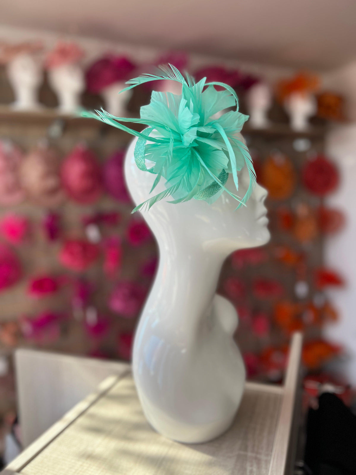 Clip On Aqua Fascinator with Loops &amp; Feather Flower-Fascinators Direct