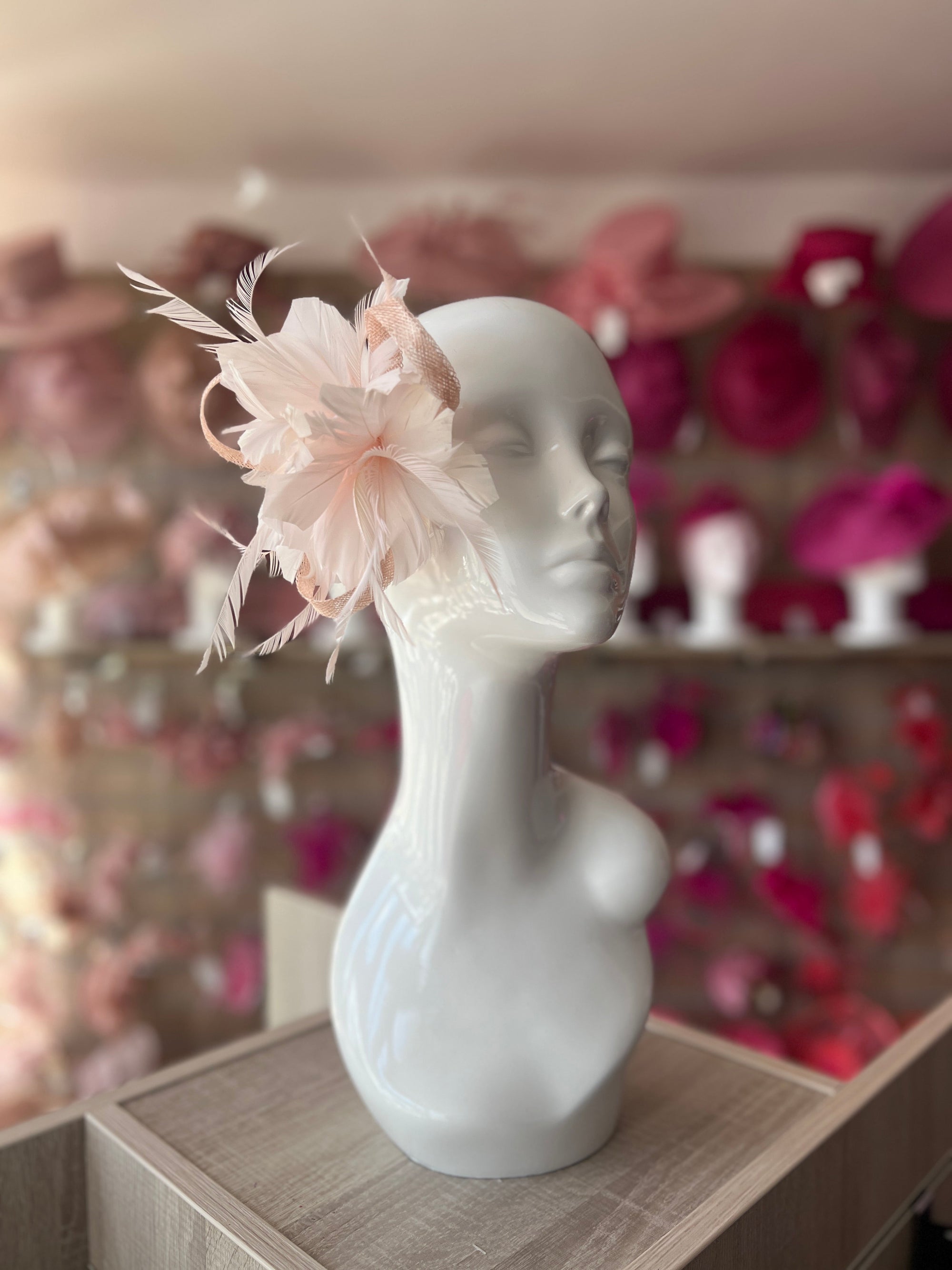 Clip On Baby Pink Fascinator with Loops & Feather Flower-Fascinators Direct