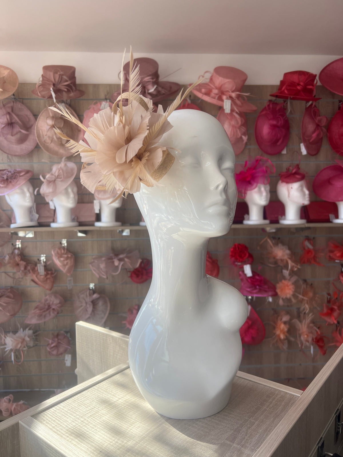 Clip On Beige Fascinator with Loops &amp; Feather Flower-Fascinators Direct