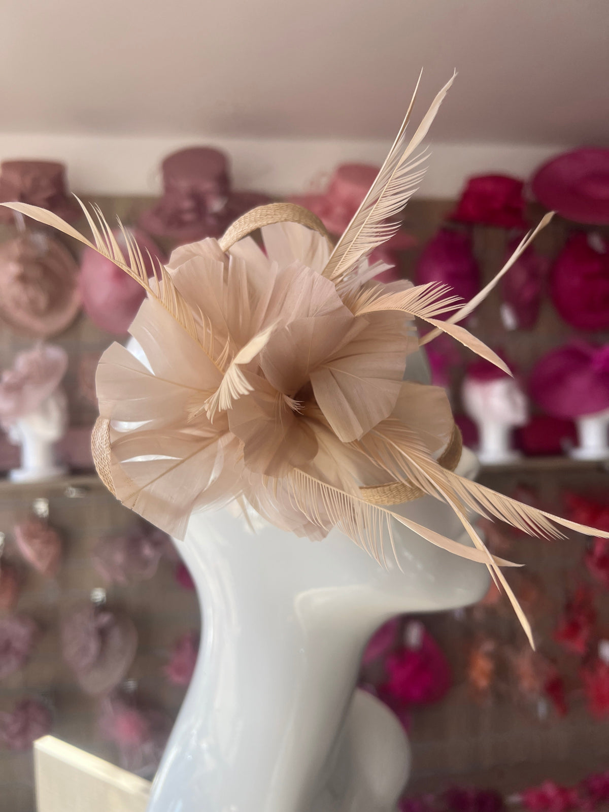 Clip On Beige Fascinator with Loops &amp; Feather Flower-Fascinators Direct