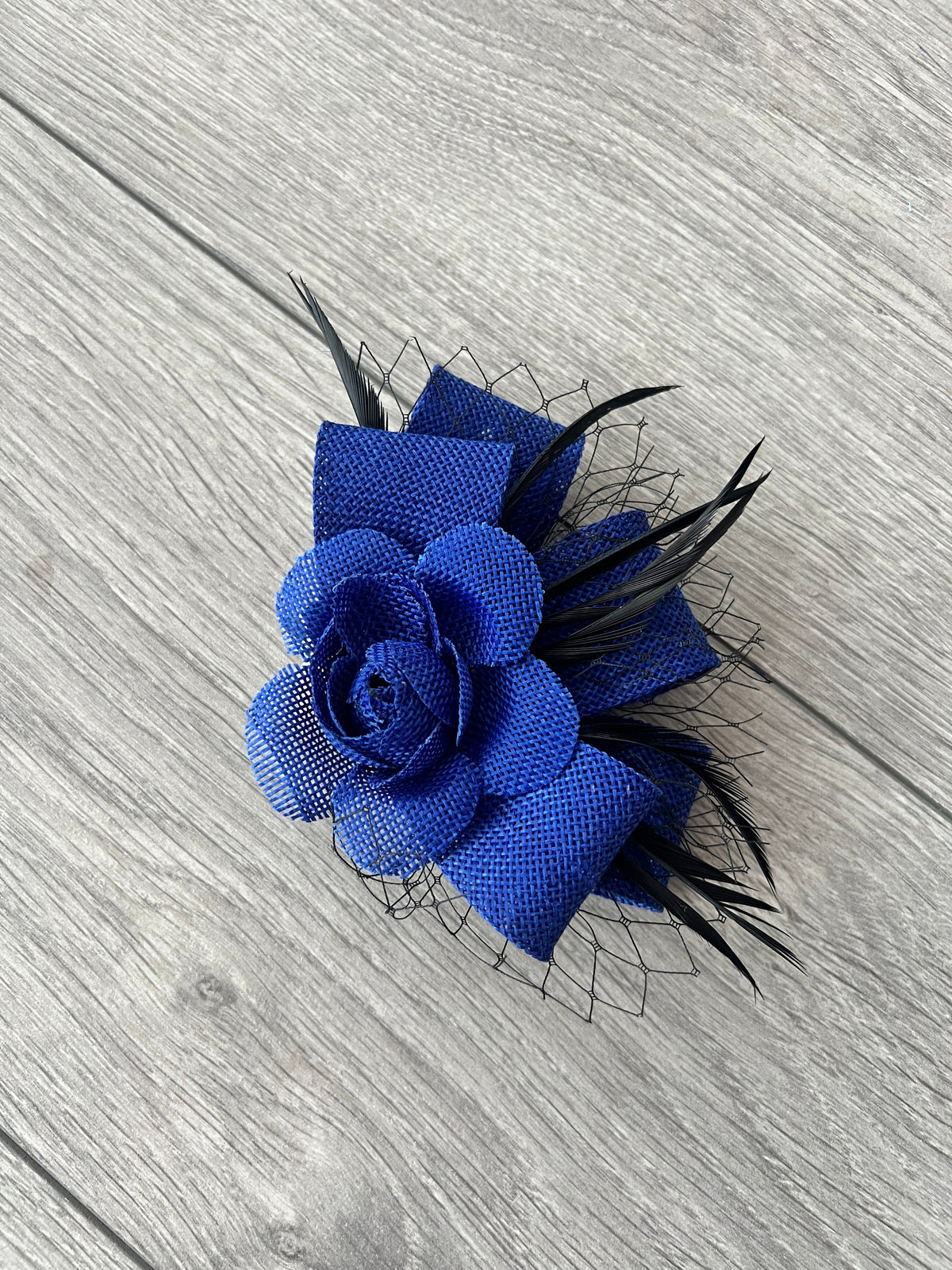 Clip On Bijou Blue &amp; Black Fascinator with Feathers &amp; Netting-Fascinators Direct