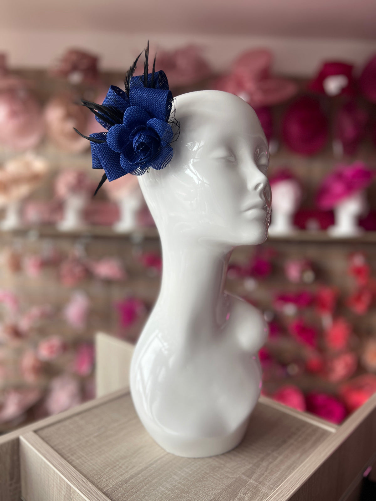 Clip On Bijou Blue &amp; Black Fascinator with Feathers &amp; Netting-Fascinators Direct