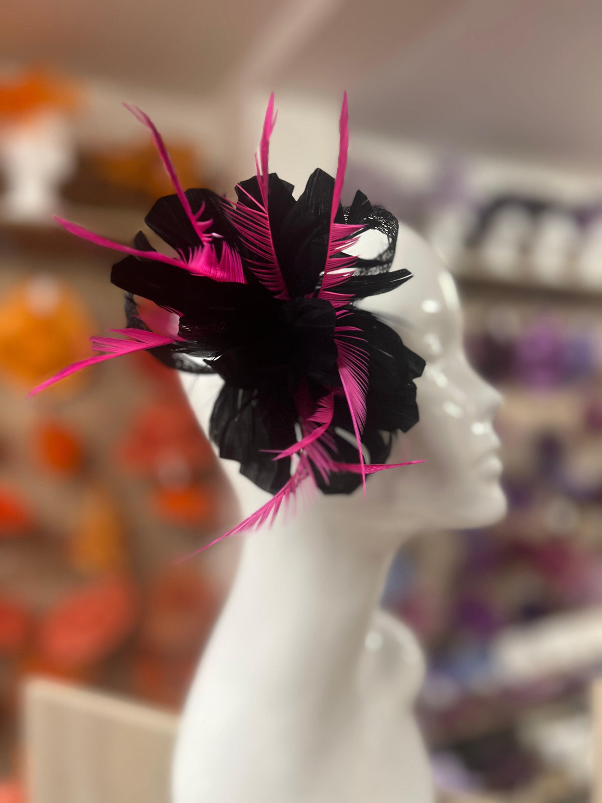 NEW black fascinator with authentic silk abaca loops, pink arrow feathers and hydrangers!