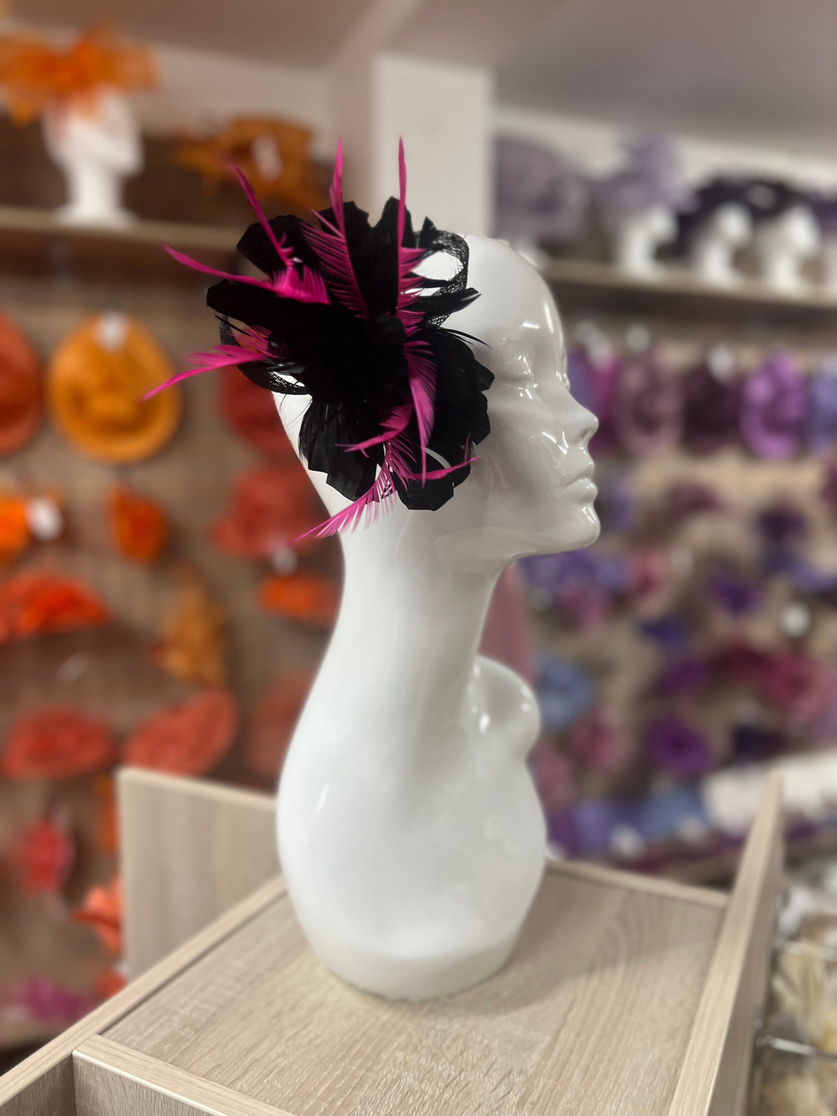 Clip On Black &amp; Fuchsia Fascinator with Loops &amp; Feather Flower-Fascinators Direct