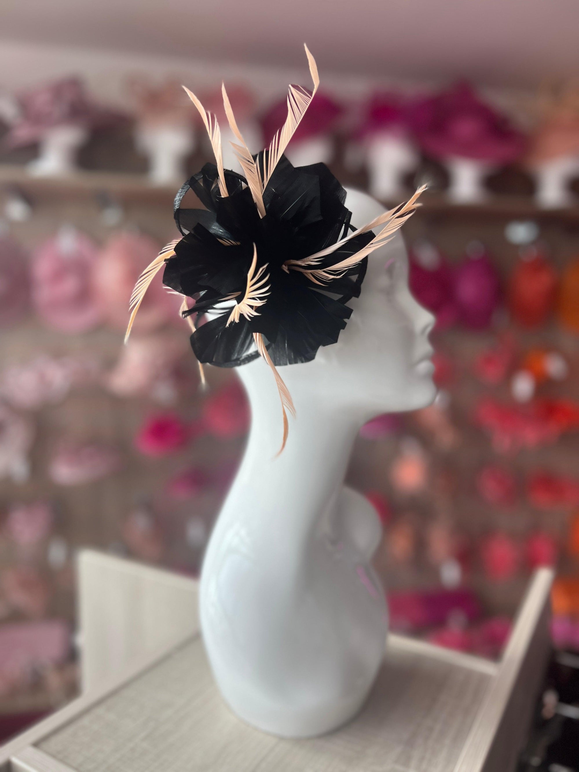 Clip On Black & Nude Pink Fascinator with Loops & Feather Flower-Fascinators Direct