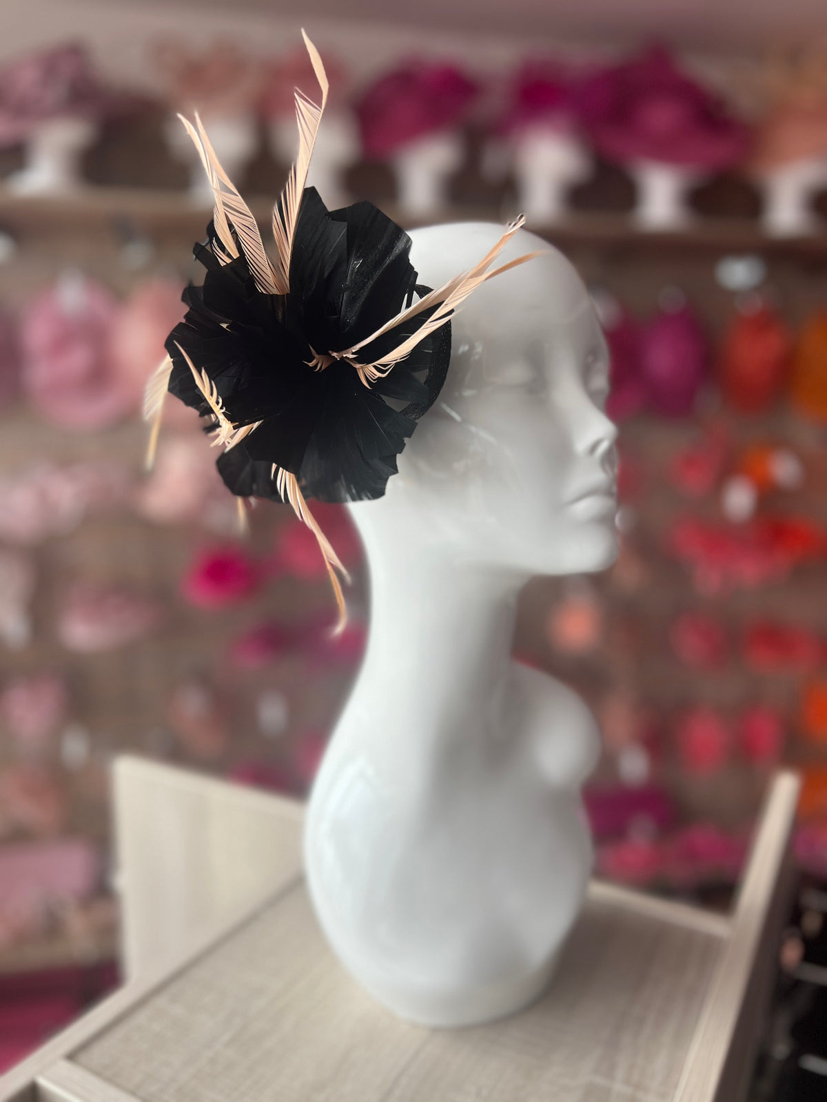 Clip On Black &amp; Nude Pink Fascinator with Loops &amp; Feather Flower-Fascinators Direct