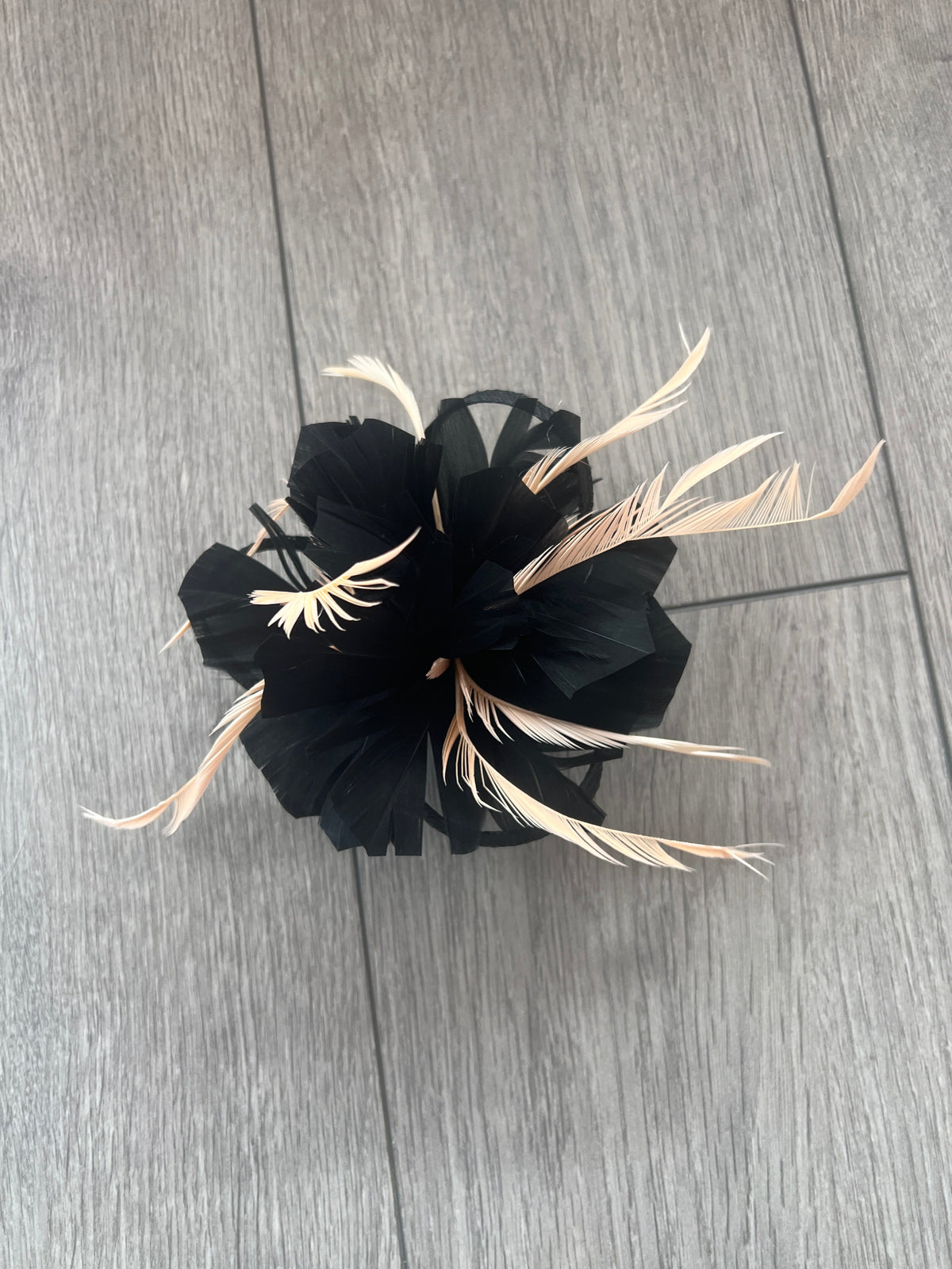 Clip On Black &amp; Nude Pink Fascinator with Loops &amp; Feather Flower-Fascinators Direct